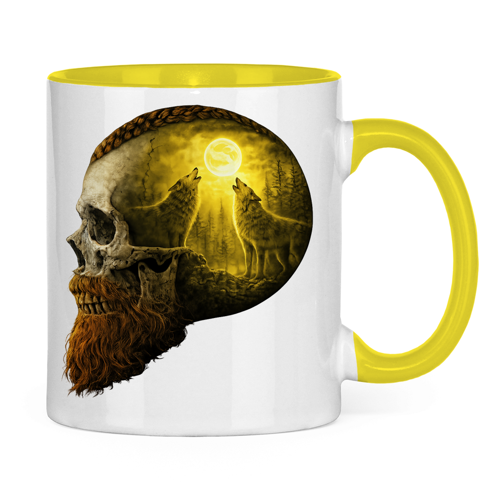 Tasse zweifarbig Schädel und Wolfsheulerei im Mondlicht gelb