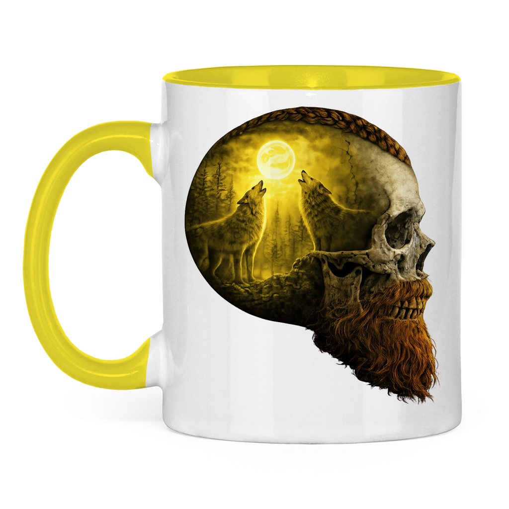 Tasse zweifarbig Schädel und Wolfsheulerei im Mondlicht gelb