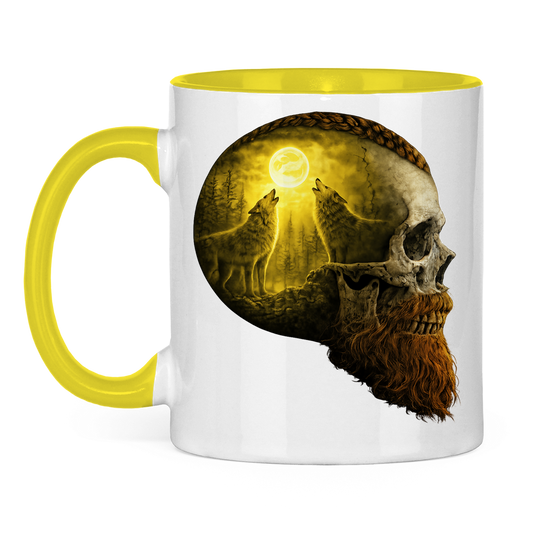 Tasse zweifarbig Schädel und Wolfsheulerei im Mondlicht gelb