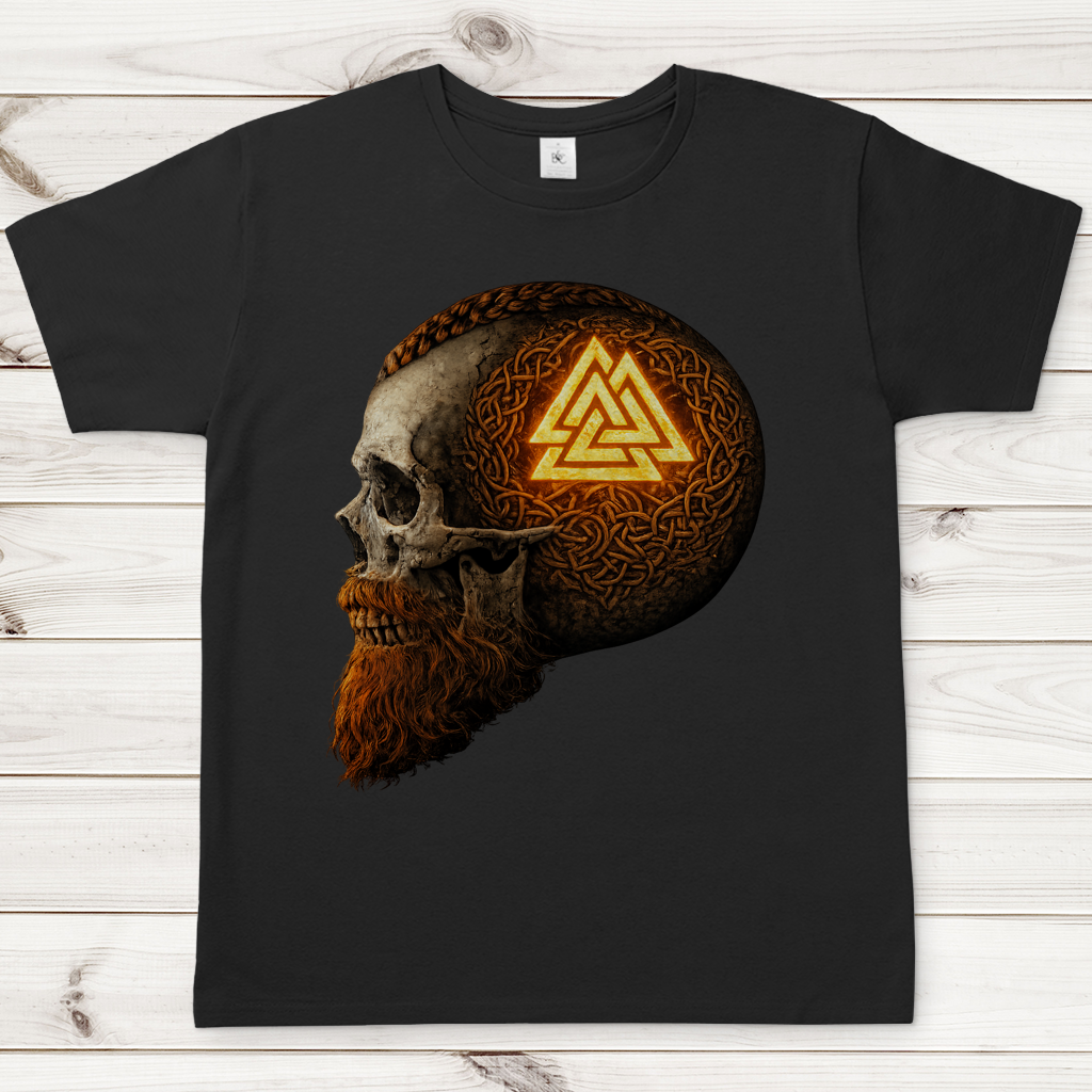 Herren T-Shirt Leuchtendes Valknut auf alterm Schädel