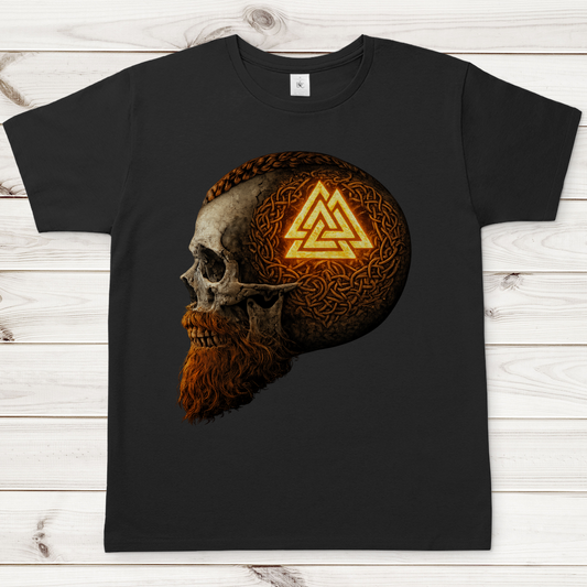 Herren T-Shirt Leuchtendes Valknut auf alterm Schädel