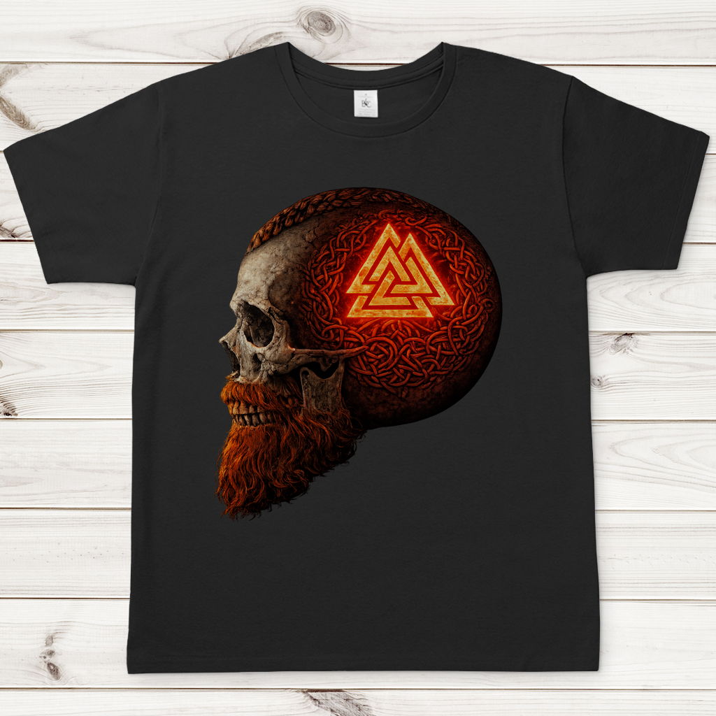 Herren T-Shirt Leuchtendes Valknut auf alterm Schädel rot