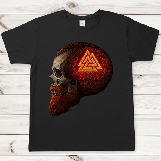 Herren T-Shirt Leuchtendes Valknut auf alterm Schädel rot