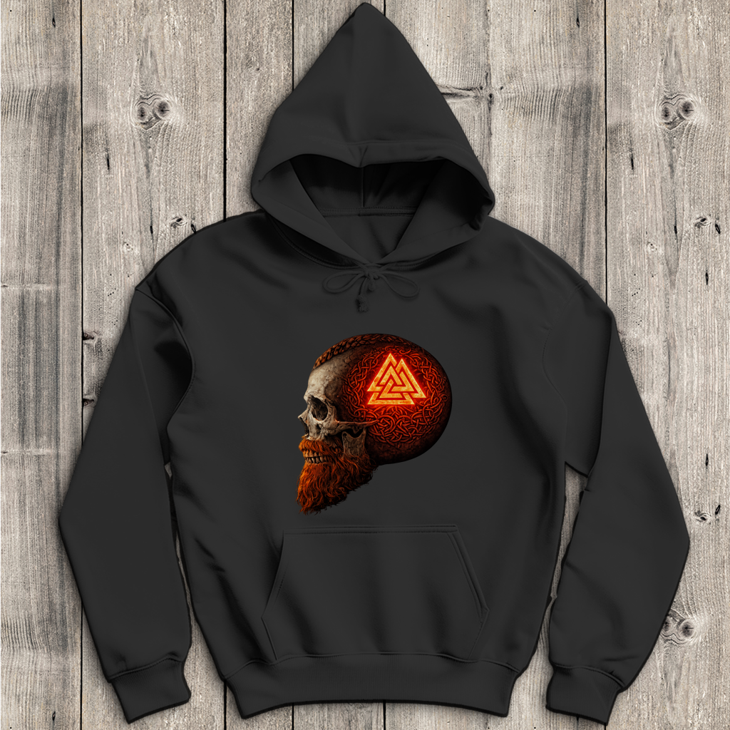 Herren Hoodie Leuchtendes Valknut auf alterm Schädel rot