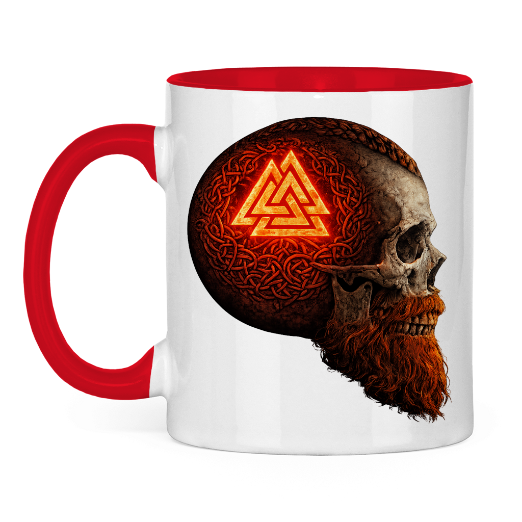 Tasse zweifarbig Leuchtendes Valknut auf alterm Schädel rot