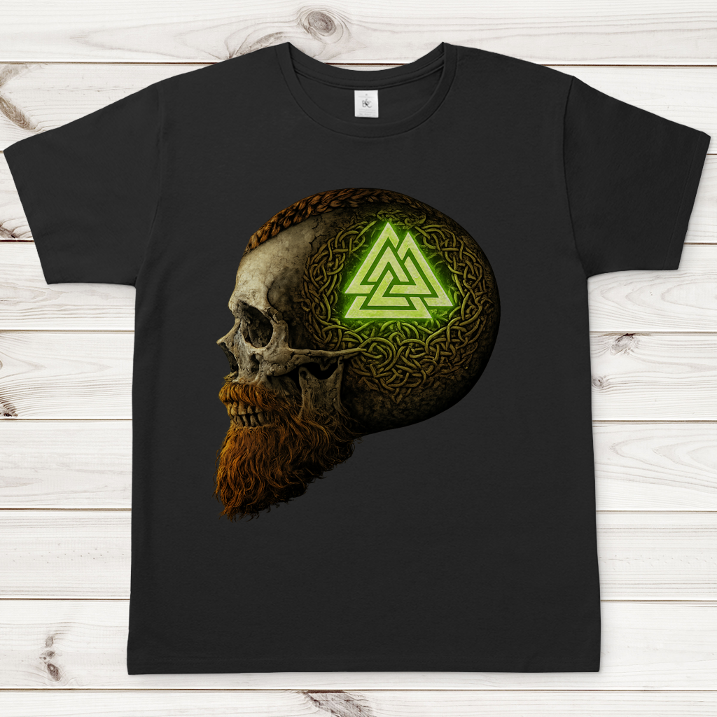 Herren T-Shirt Leuchtendes Valknut auf alterm Schädel grün