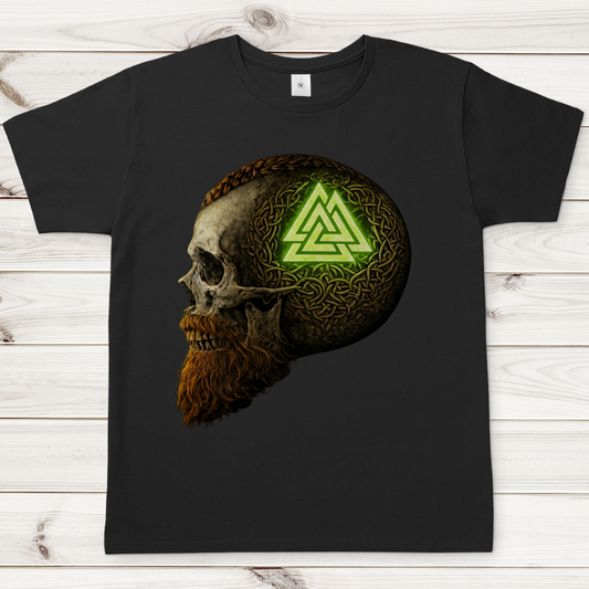 Herren T-Shirt Leuchtendes Valknut auf alterm Schädel grün