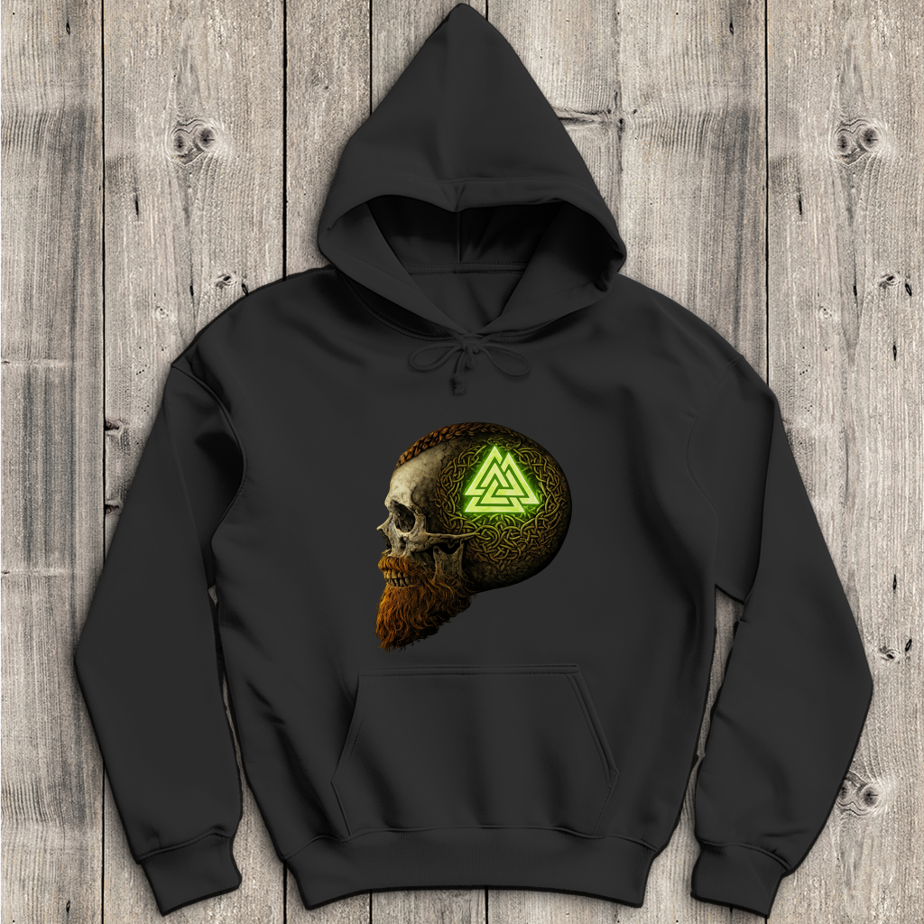 Herren Hoodie Leuchtendes Valknut auf alterm Schädel grün