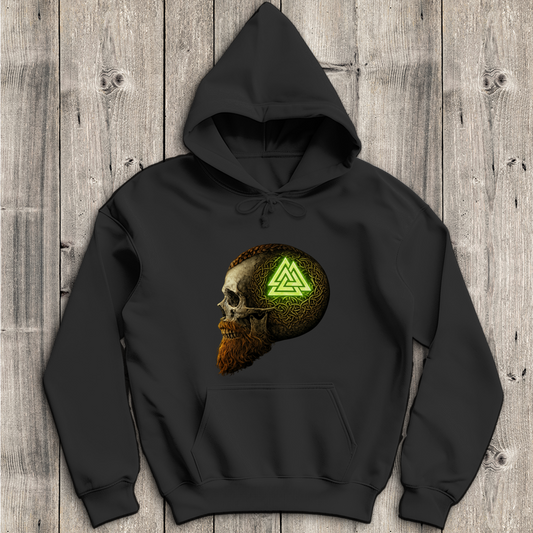 Herren Hoodie Leuchtendes Valknut auf alterm Schädel grün