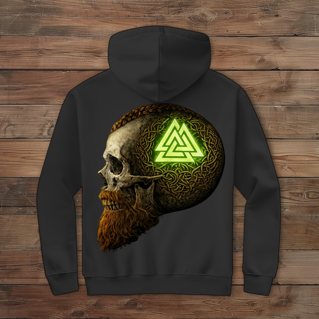 Herren Zipper Hoodie Leuchtendes Valknut auf alterm Schädel grün