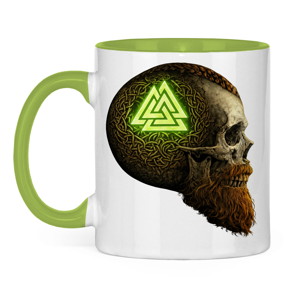 Tasse zweifarbig Leuchtendes Valknut auf alterm Schädel grün