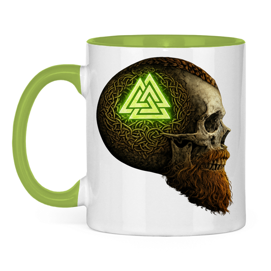 Tasse zweifarbig Leuchtendes Valknut auf alterm Schädel grün
