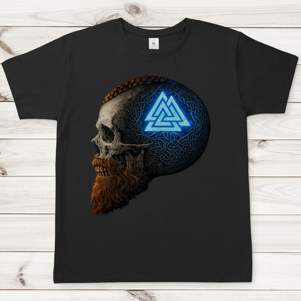 Herren T-Shirt Leuchtendes Valknut auf alterm Schädel blau