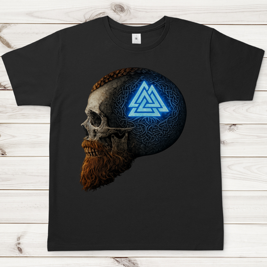 Herren T-Shirt Leuchtendes Valknut auf alterm Schädel blau