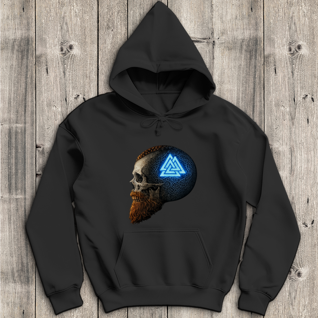 Herren Hoodie Leuchtendes Valknut auf alterm Schädel blau