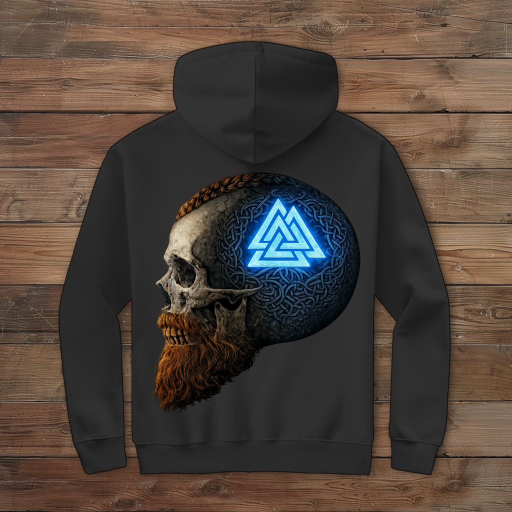 Herren Zipper Hoodie Leuchtendes Valknut auf alterm Schädel blau