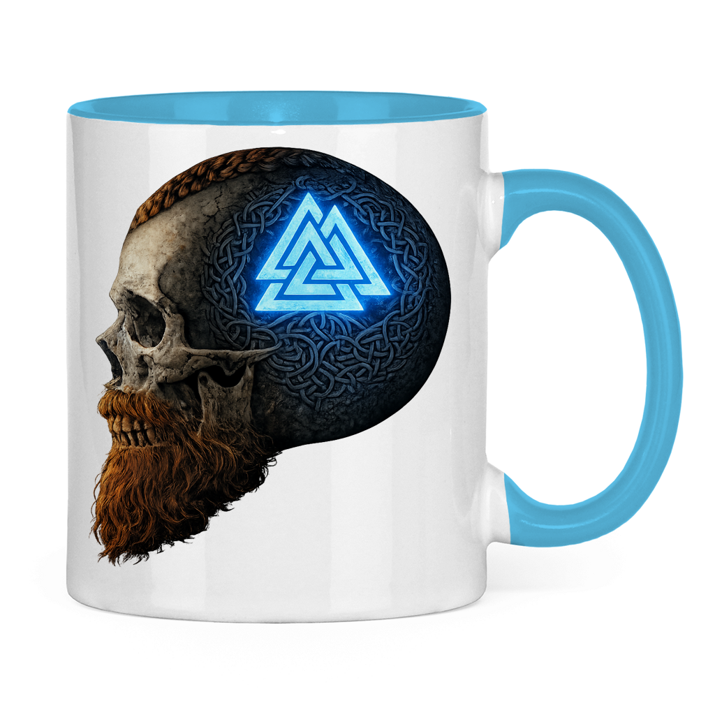 Tasse zweifarbig Leuchtendes Valknut auf alterm Schädel blau