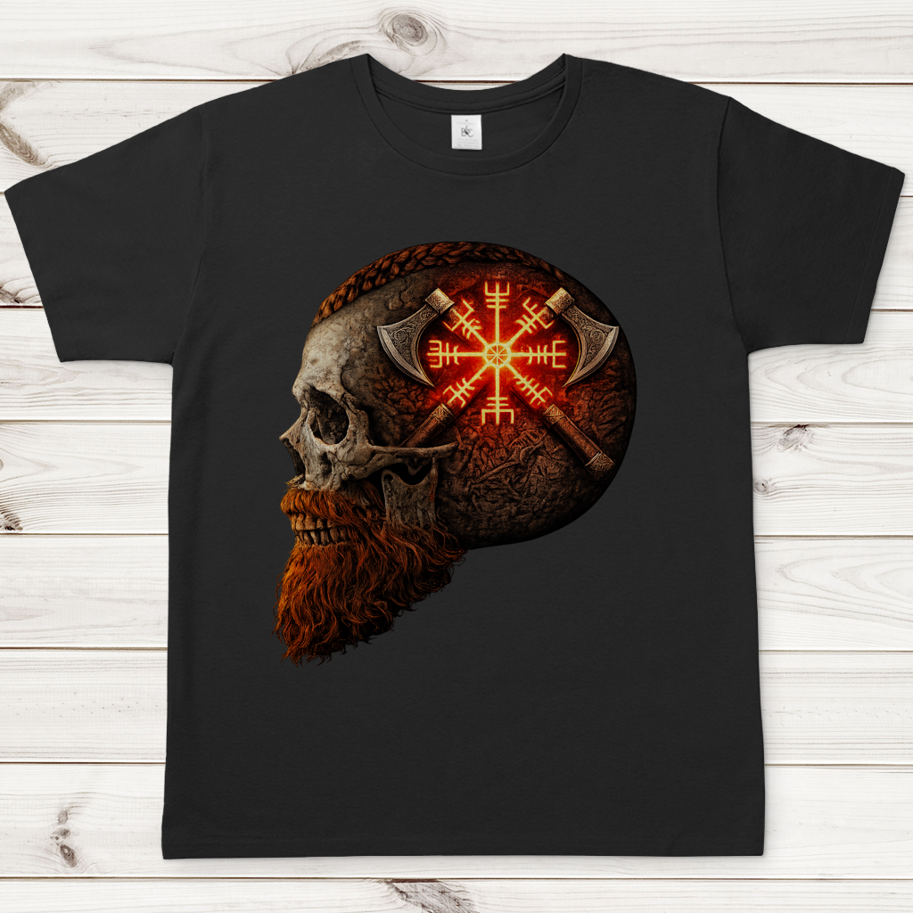 Herren T-Shirt Vegvisir mit Äxten und Totenschädel rot
