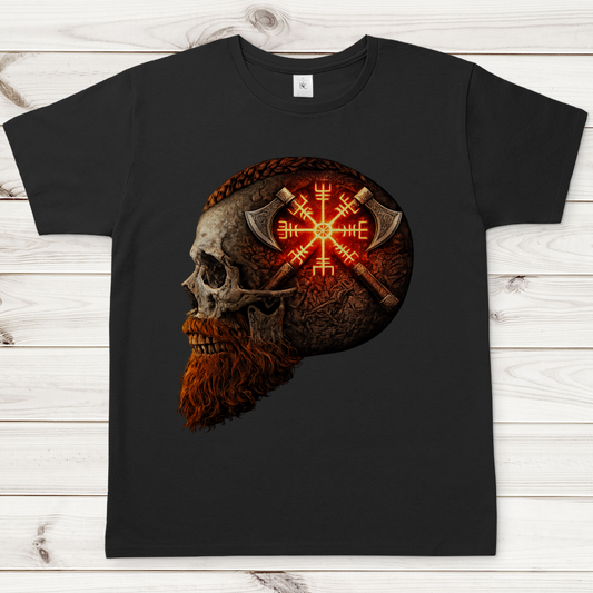 Herren T-Shirt Vegvisir mit Äxten und Totenschädel rot