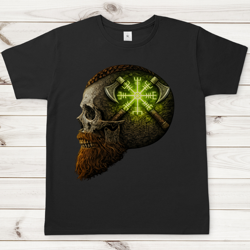 Herren T-Shirt Vegvisir mit Äxten und Totenschädel grün