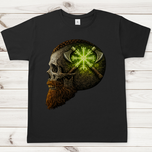 Herren T-Shirt Vegvisir mit Äxten und Totenschädel grün