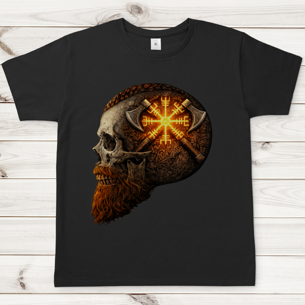 Herren T-Shirt Vegvisir mit Äxten und Totenschädel gelb