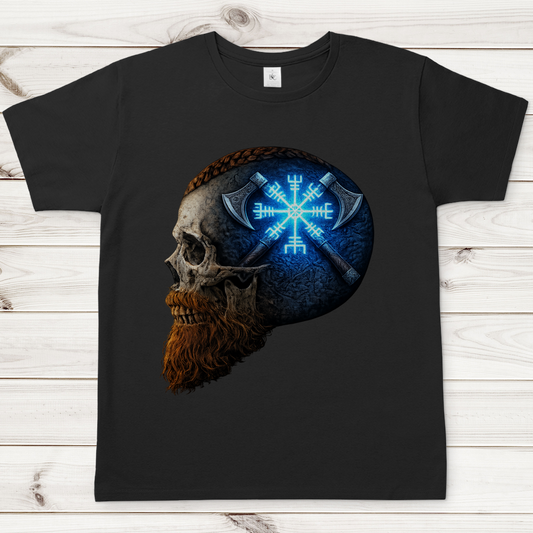 Herren T-Shirt Vegvisir mit Äxten und Totenschädel blau