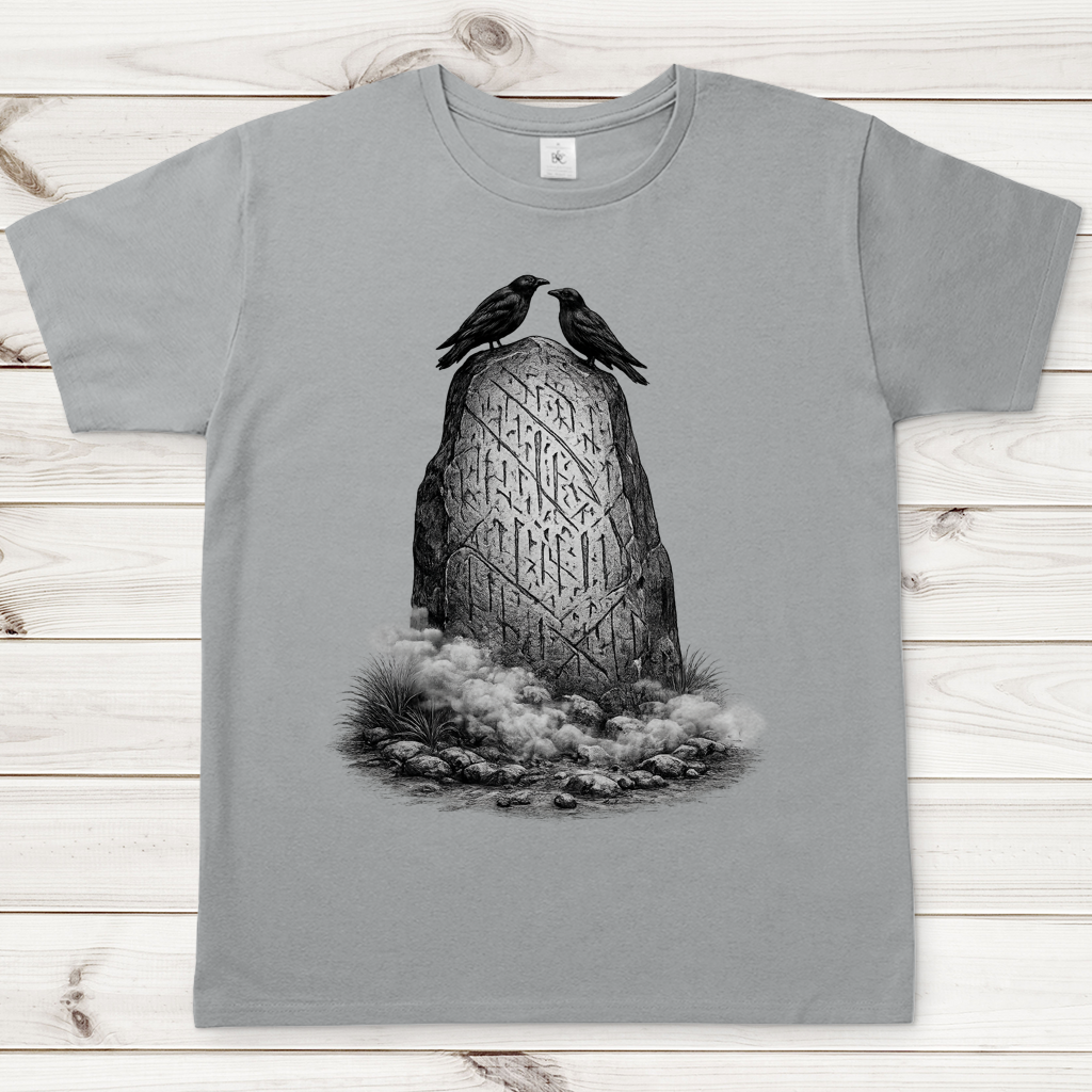Herren T-Shirt Raben und Runenstein im Nebel