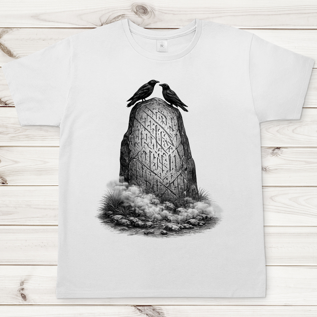 Herren T-Shirt Raben und Runenstein im Nebel