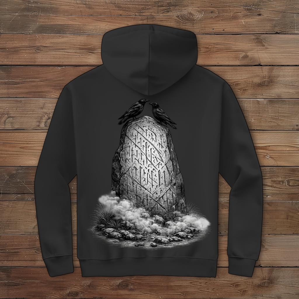 Herren Zipper Hoodie Raben und Runenstein im Nebel