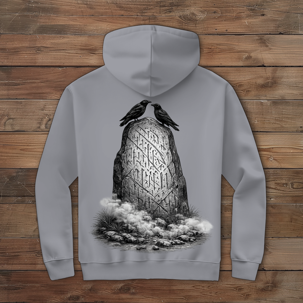 Herren Zipper Hoodie Raben und Runenstein im Nebel