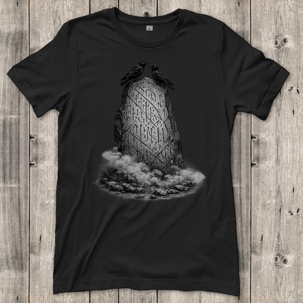 Damen T-Shirt Raben und Runenstein im Nebel