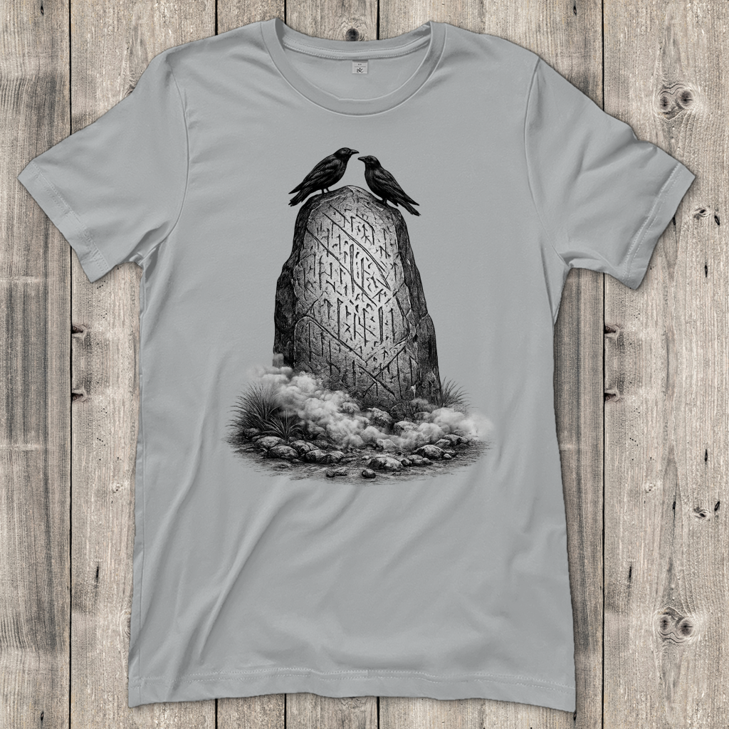 Damen T-Shirt Raben und Runenstein im Nebel