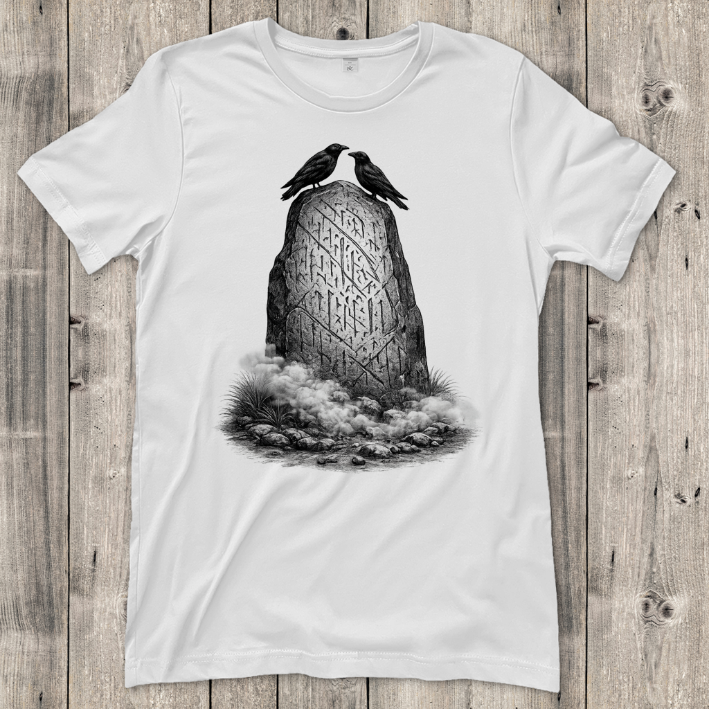 Damen T-Shirt Raben und Runenstein im Nebel
