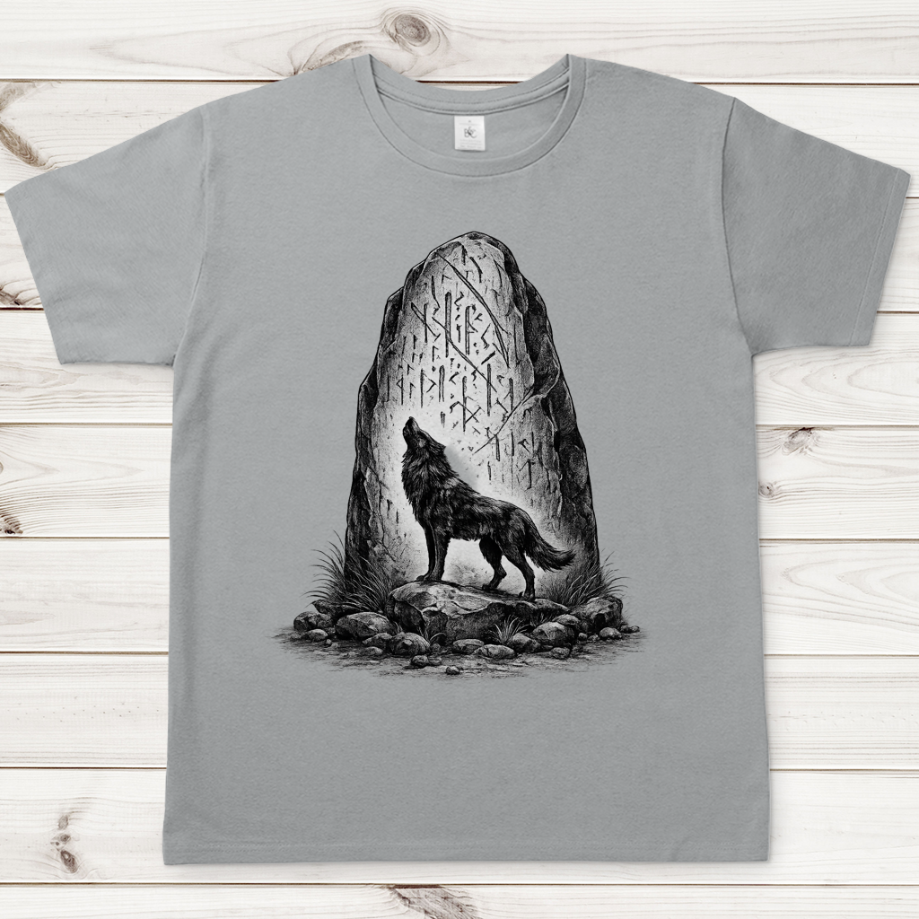 Herren T-Shirt Wolf und Runenstein im Mondlicht