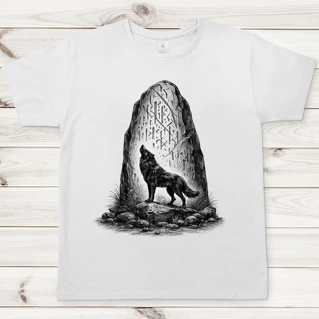 Herren T-Shirt Wolf und Runenstein im Mondlicht