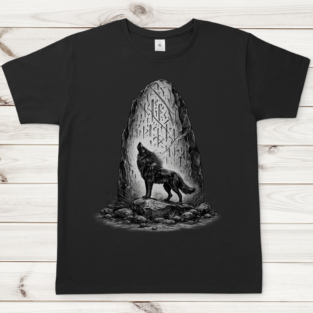 Herren T-Shirt Wolf und Runenstein im Mondlicht