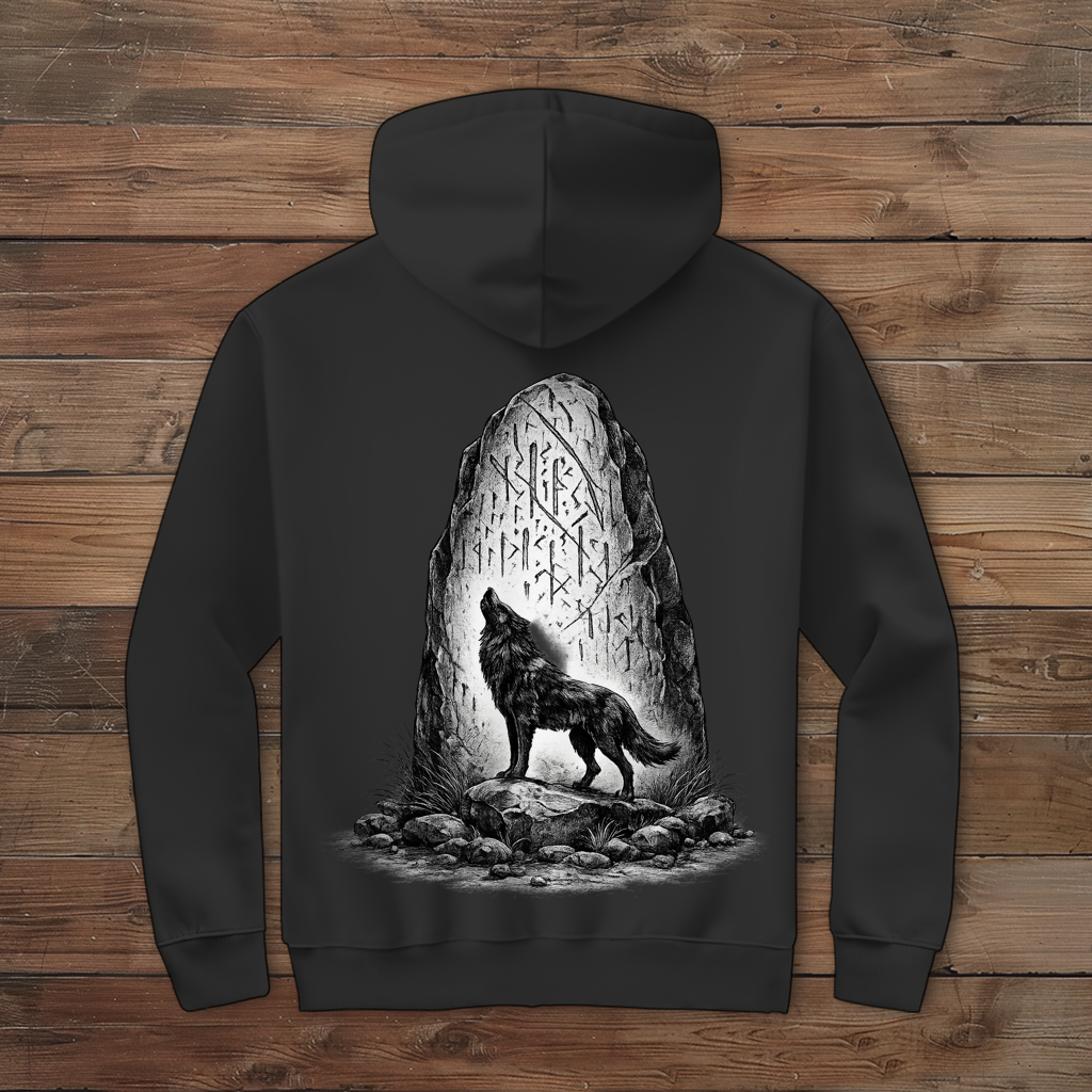 Herren Zipper Hoodie Wolf und Runenstein im Mondlicht