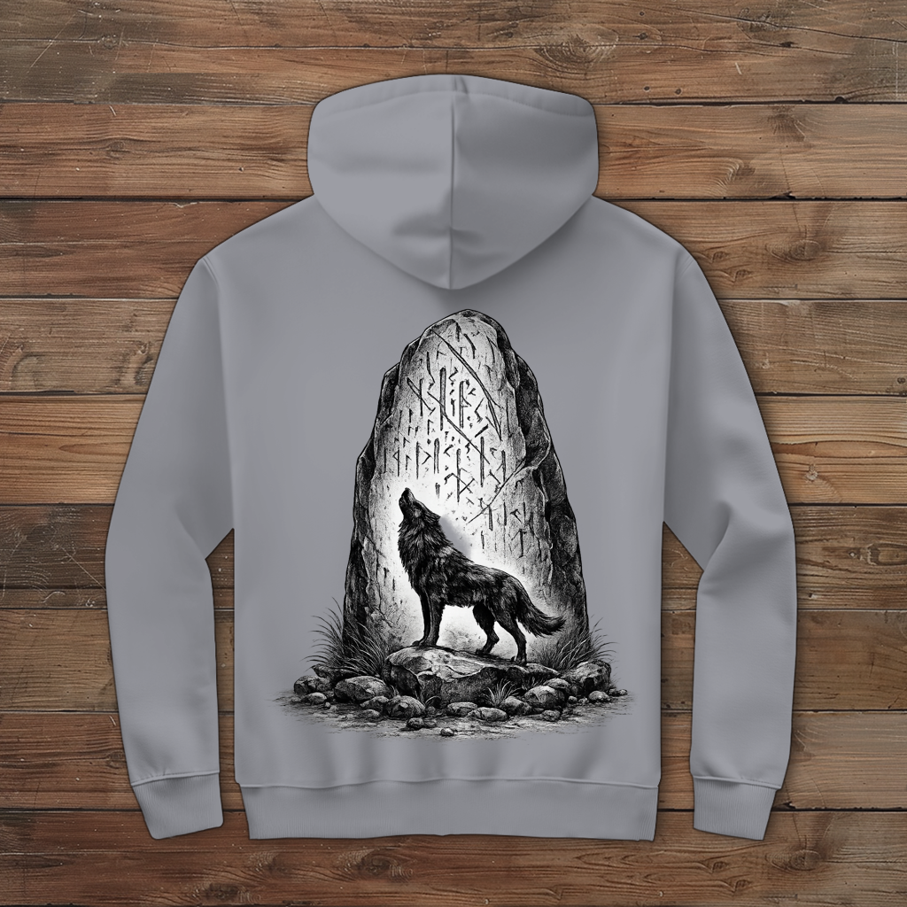 Herren Zipper Hoodie Wolf und Runenstein im Mondlicht