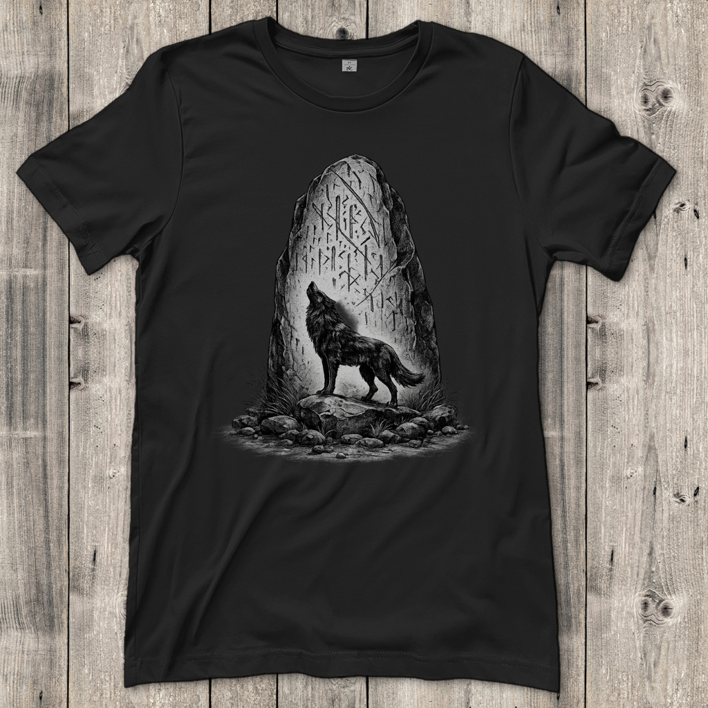Damen T-Shirt Wolf und Runenstein im Mondlicht