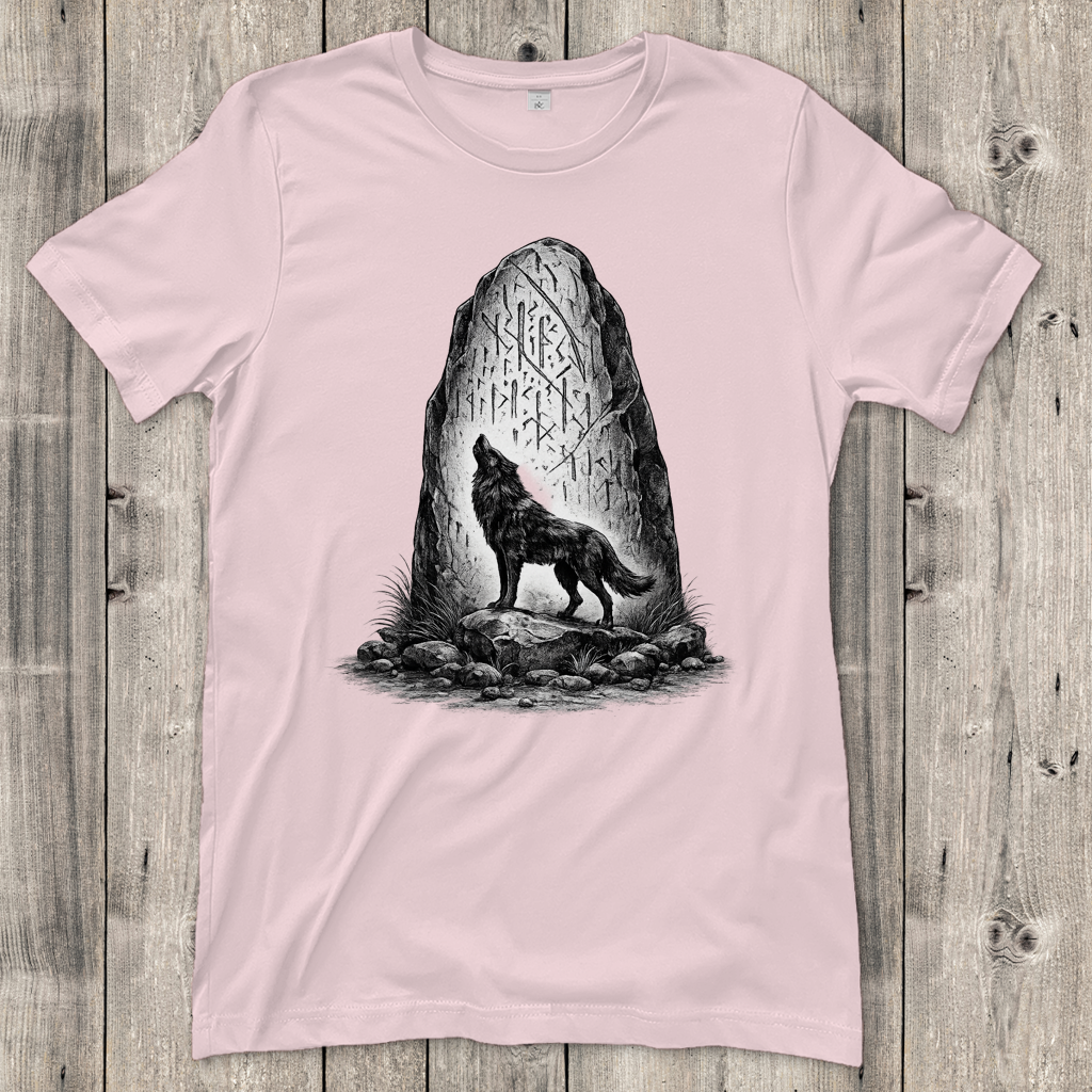 Damen T-Shirt Wolf und Runenstein im Mondlicht