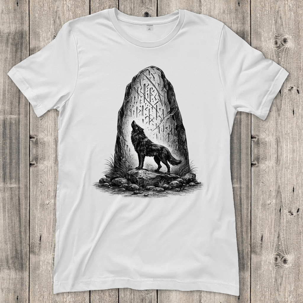 Damen T-Shirt Wolf und Runenstein im Mondlicht