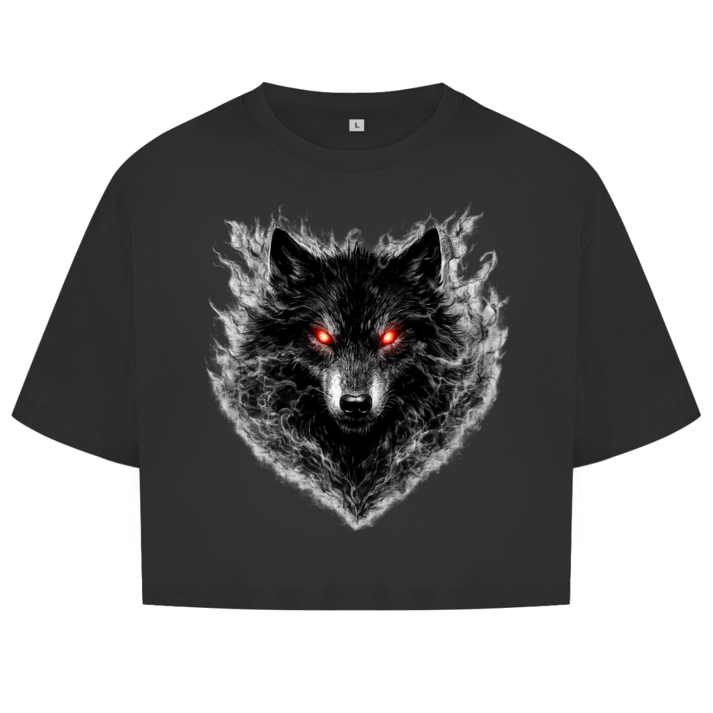 Damen Oversize Crop Top Dämonischer Wolf im Nebel