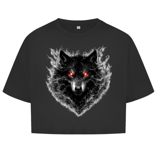 Damen Oversize Crop Top Dämonischer Wolf im Nebel