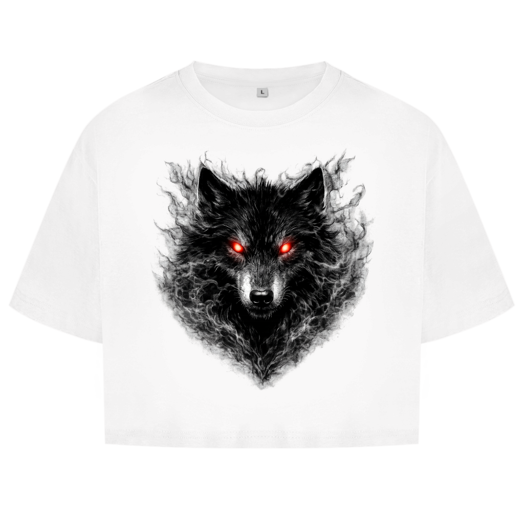 Damen Oversize Crop Top Dämonischer Wolf im Nebel
