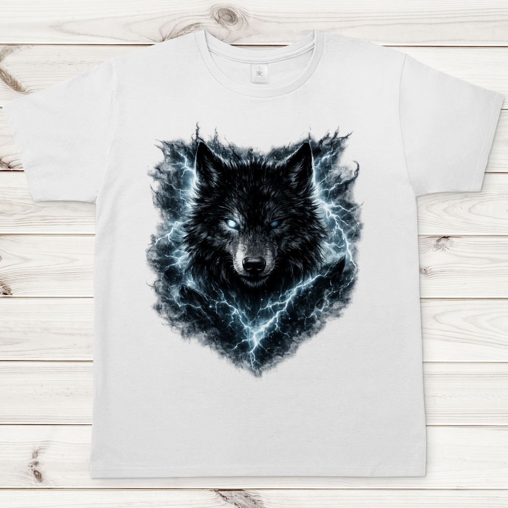 Herren T-Shirt Finsterer Wolf im Blitzsturm