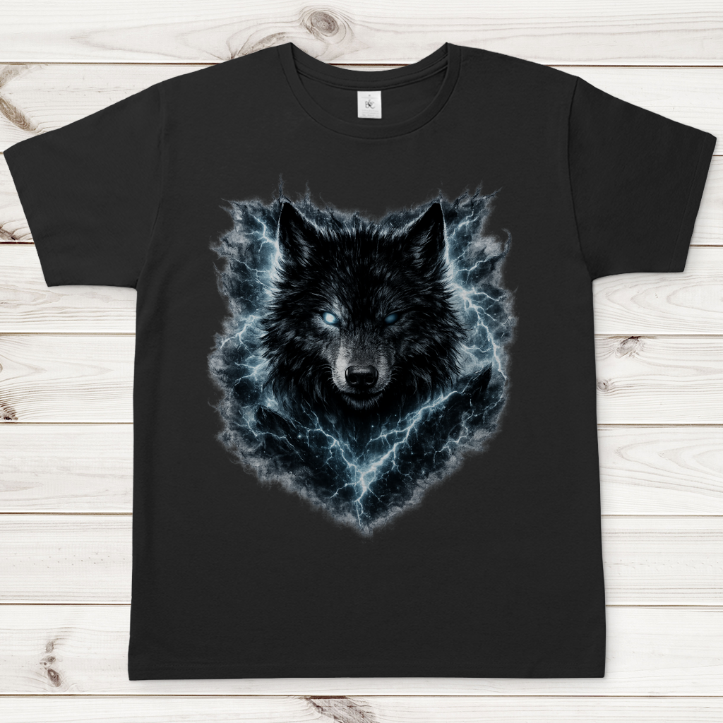 Herren T-Shirt Finsterer Wolf im Blitzsturm