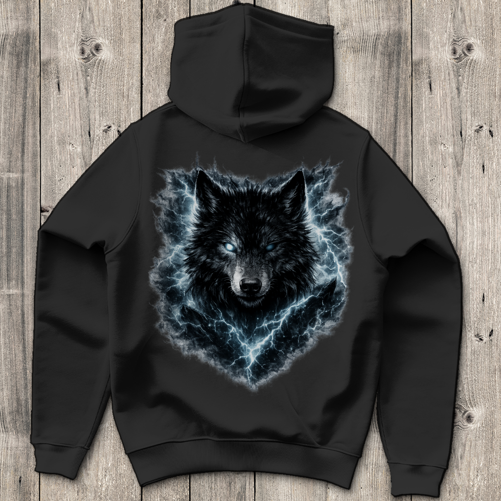 Herren Hoodie Finsterer Wolf im Blitzsturm