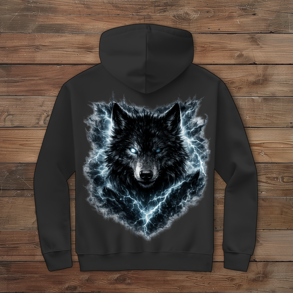Herren Zipper Hoodie Finsterer Wolf im Blitzsturm