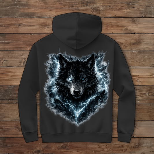 Herren Zipper Hoodie Finsterer Wolf im Blitzsturm